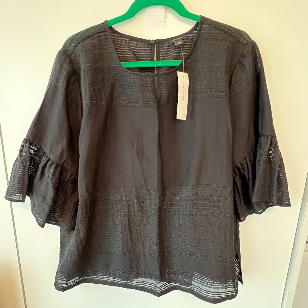 Ann Taylor Black Blouse with Sheer Detail; Size XL